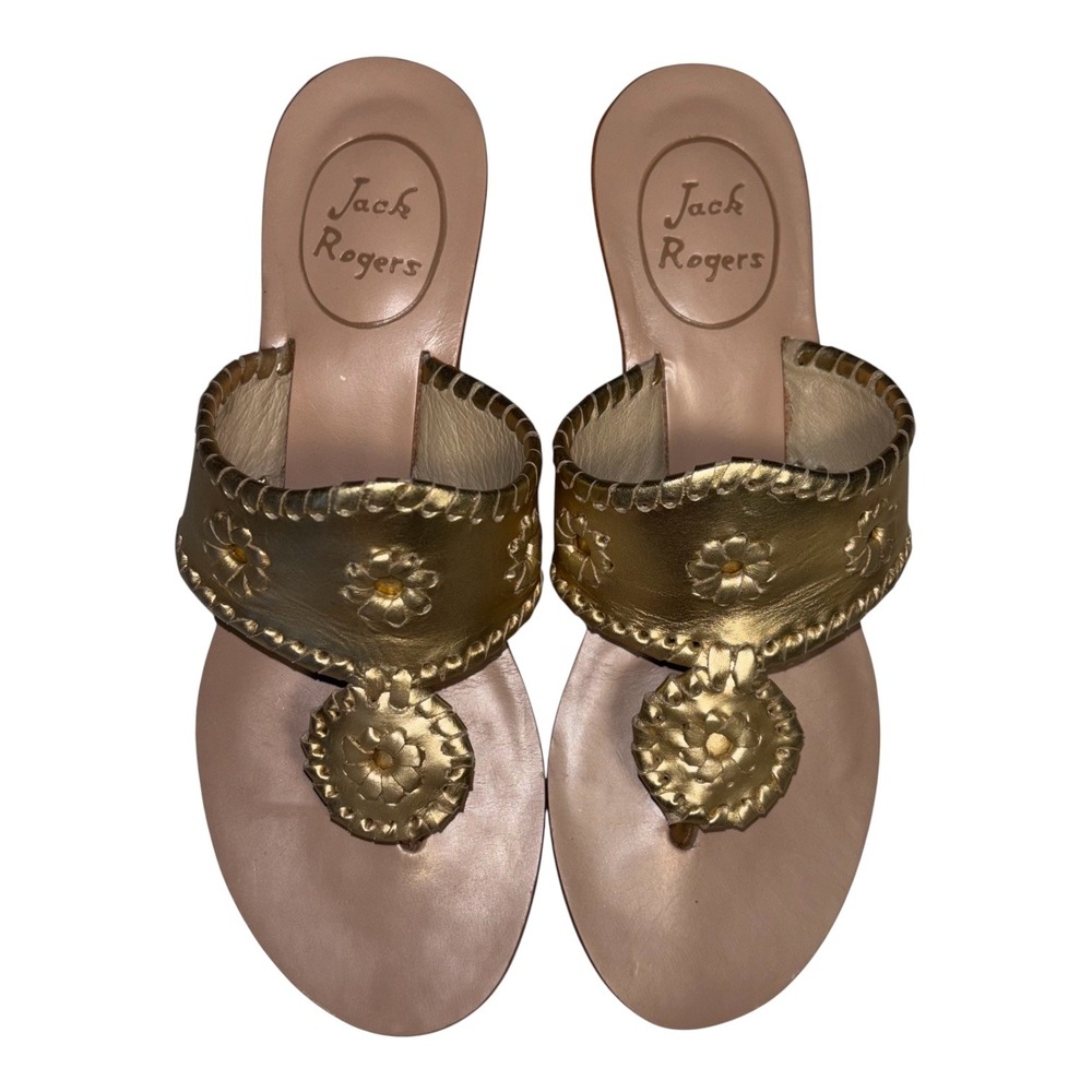 Jack Rogers Mid Wedge Metallic Gold Cork Sandals Whipstitch Slides Womens 6M - Picture 1 of 5